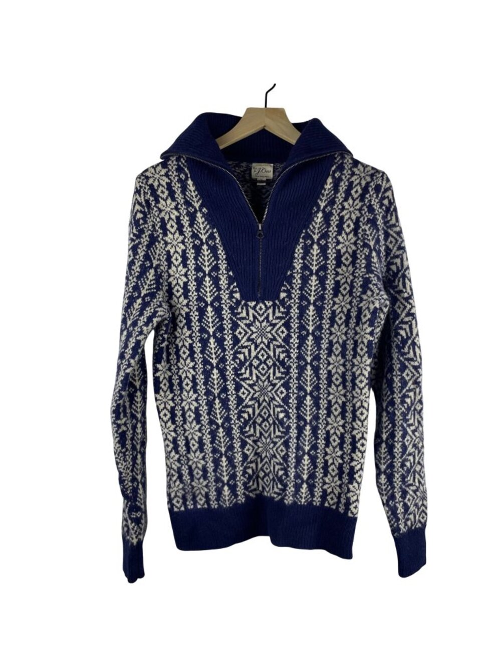 J.Crew Blue & White Lambswool Half-Zip Nordic Sweater Small Heavyweight preppy